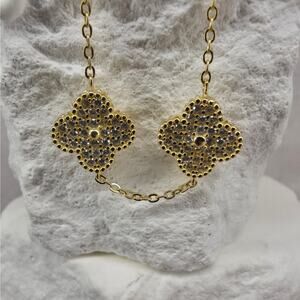 7+1" 12mm Pave Large 5-Motif Clover Bracelet 14K Gold Plated 925 Silver